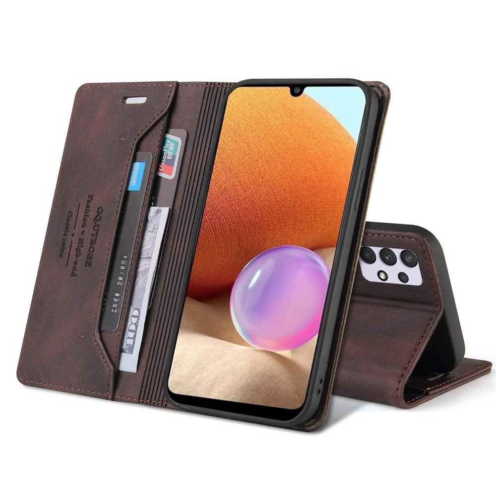 GQ.UTROBE Auto- absorbed Quality Leather Phone Shell Case with Anti-theft Swiping Design for Samsung Galaxy A32 4G - Coffee - 4