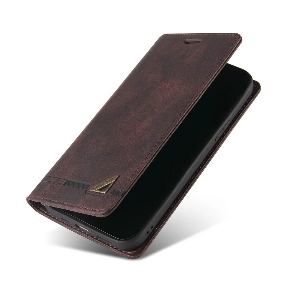 GQ.UTROBE Auto- absorbed Quality Leather Phone Shell Case with Anti-theft Swiping Design for Samsung Galaxy A32 4G - Coffee - 7