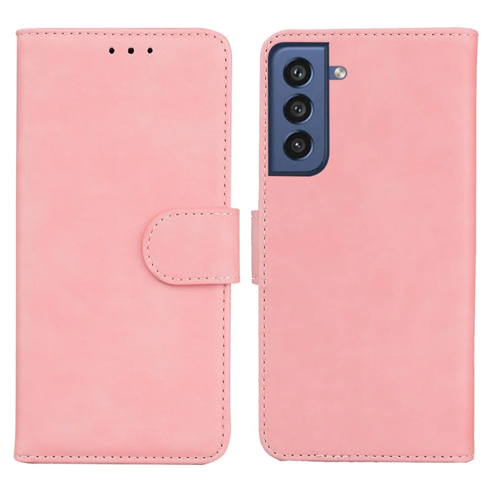 Wallet Stand Design Case for Samsung Galaxy S21 FE Plain Leather Phone Case - Pink - 1