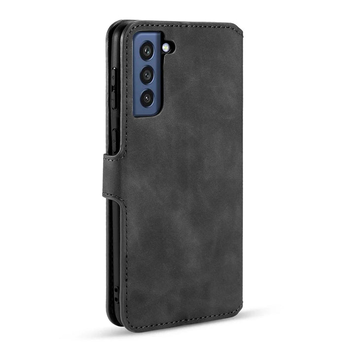DG.MING Retro Style Full-Protection Leather Wallet Stand Phone Case Cover for Samsung Galaxy S21 FE - Black - 3