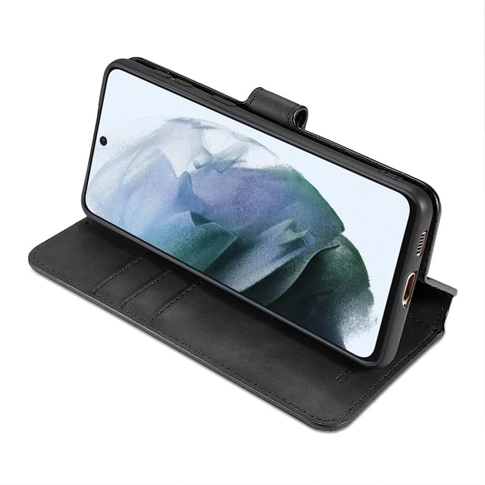 DG.MING Retro Style Full-Protection Leather Wallet Stand Phone Case Cover for Samsung Galaxy S21 FE - Black - 4
