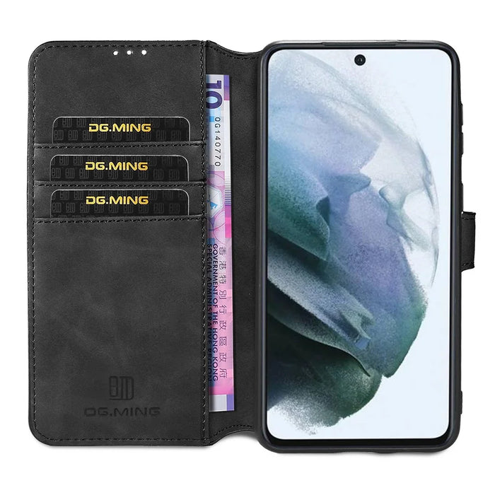 DG.MING Retro Style Full-Protection Leather Wallet Stand Phone Case Cover for Samsung Galaxy S21 FE - Black - 6