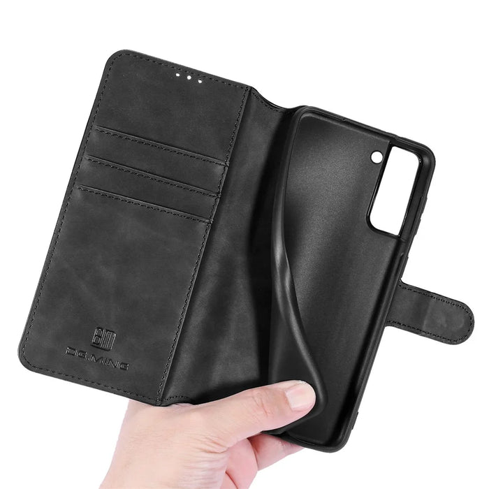 DG.MING Retro Style Full-Protection Leather Wallet Stand Phone Case Cover for Samsung Galaxy S21 FE - Black - 7
