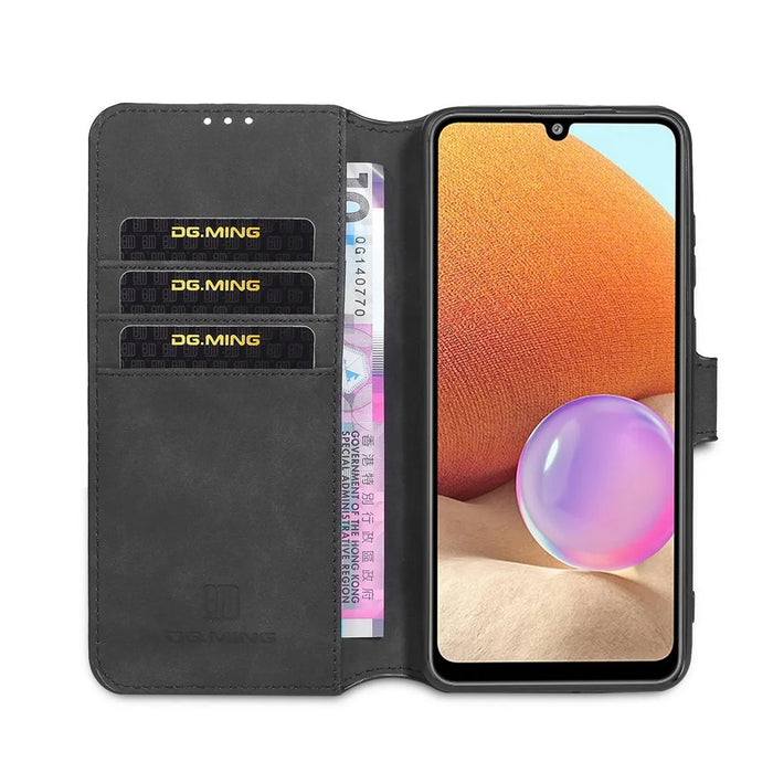 DG.MING Retro Style Leather Wallet Stand Case Shell for Samsung Galaxy A32 4G (EU Version) - Black - 6