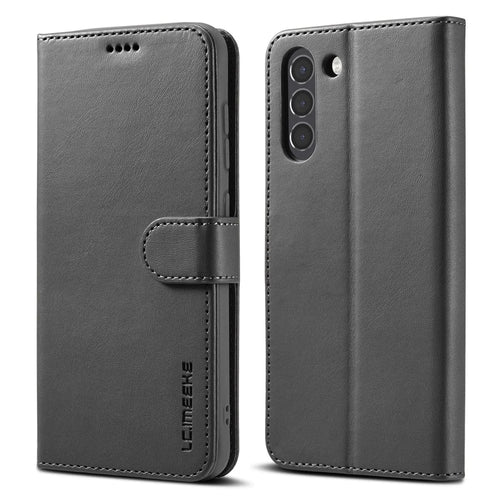 LC.IMEEKE Wallet Design Leather Shell Phone Stand Cover Case for Samsung Galaxy S21 FE - Black - 1