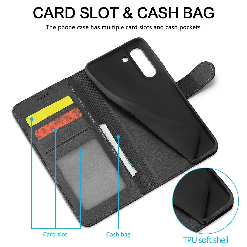 LC.IMEEKE Wallet Design Leather Shell Phone Stand Cover Case for Samsung Galaxy S21 FE - Black - 2
