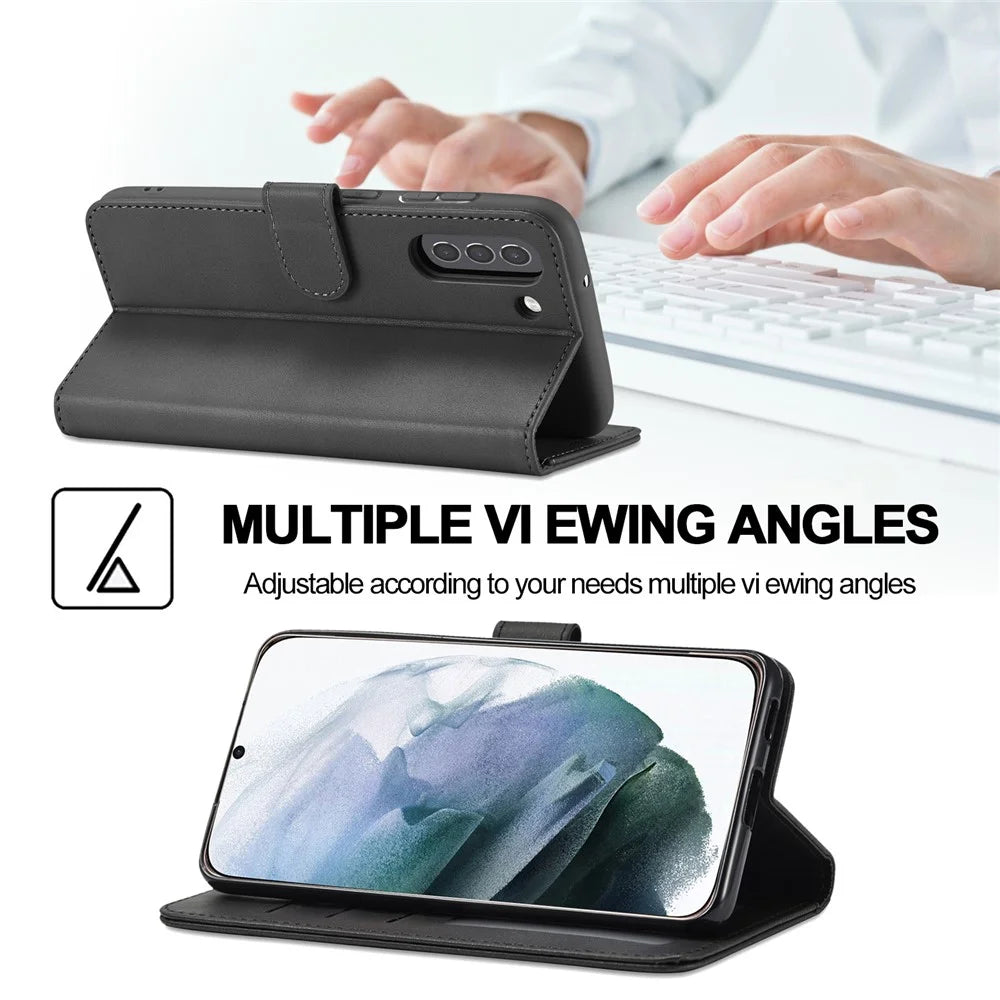 LC.IMEEKE Wallet Design Leather Shell Phone Stand Cover Case for Samsung Galaxy S21 FE - Black - 3