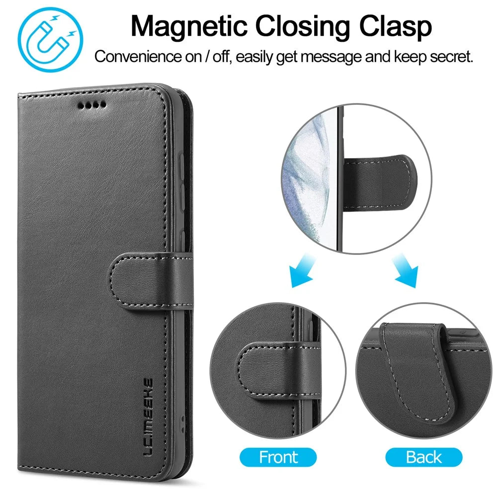 LC.IMEEKE Wallet Design Leather Shell Phone Stand Cover Case for Samsung Galaxy S21 FE - Black - 4