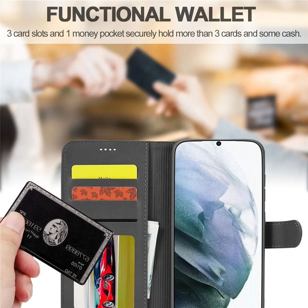 LC.IMEEKE Wallet Design Leather Shell Phone Stand Cover Case for Samsung Galaxy S21 FE - Black - 5