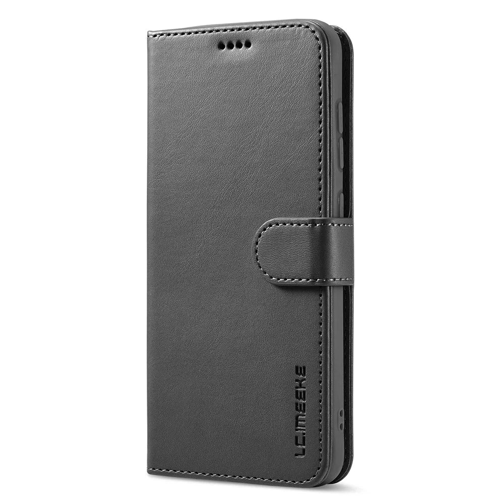 LC.IMEEKE Wallet Design Leather Shell Phone Stand Cover Case for Samsung Galaxy S21 FE - Black - 7