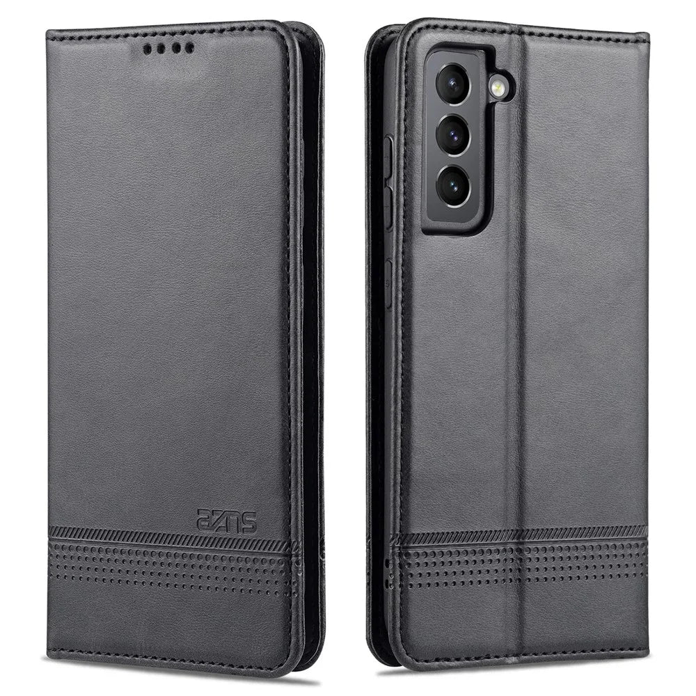 AZNS Auto-absorbed Magnetic Stand Wallet Case Leather Phone Shell for Samsung Galaxy S21 FE - Black - 1