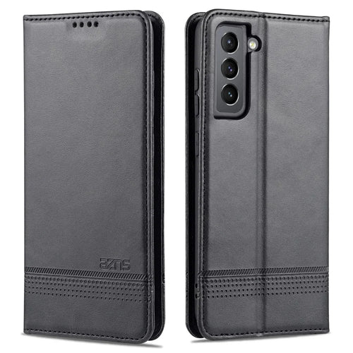 AZNS Auto-absorbed Magnetic Stand Wallet Case Leather Phone Shell for Samsung Galaxy S21 FE - Black - 1
