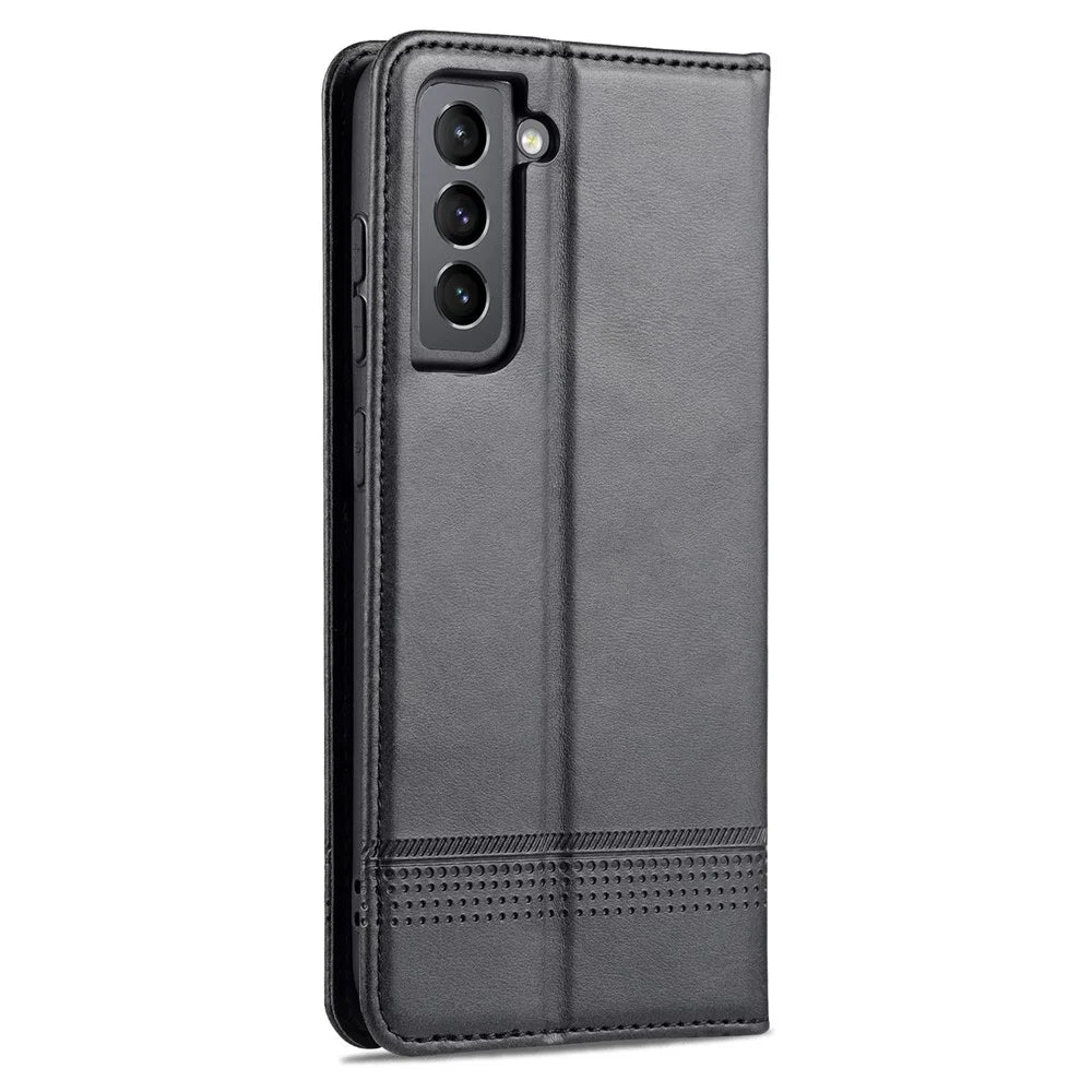 AZNS Auto-absorbed Magnetic Stand Wallet Case Leather Phone Shell for Samsung Galaxy S21 FE - Black - 3