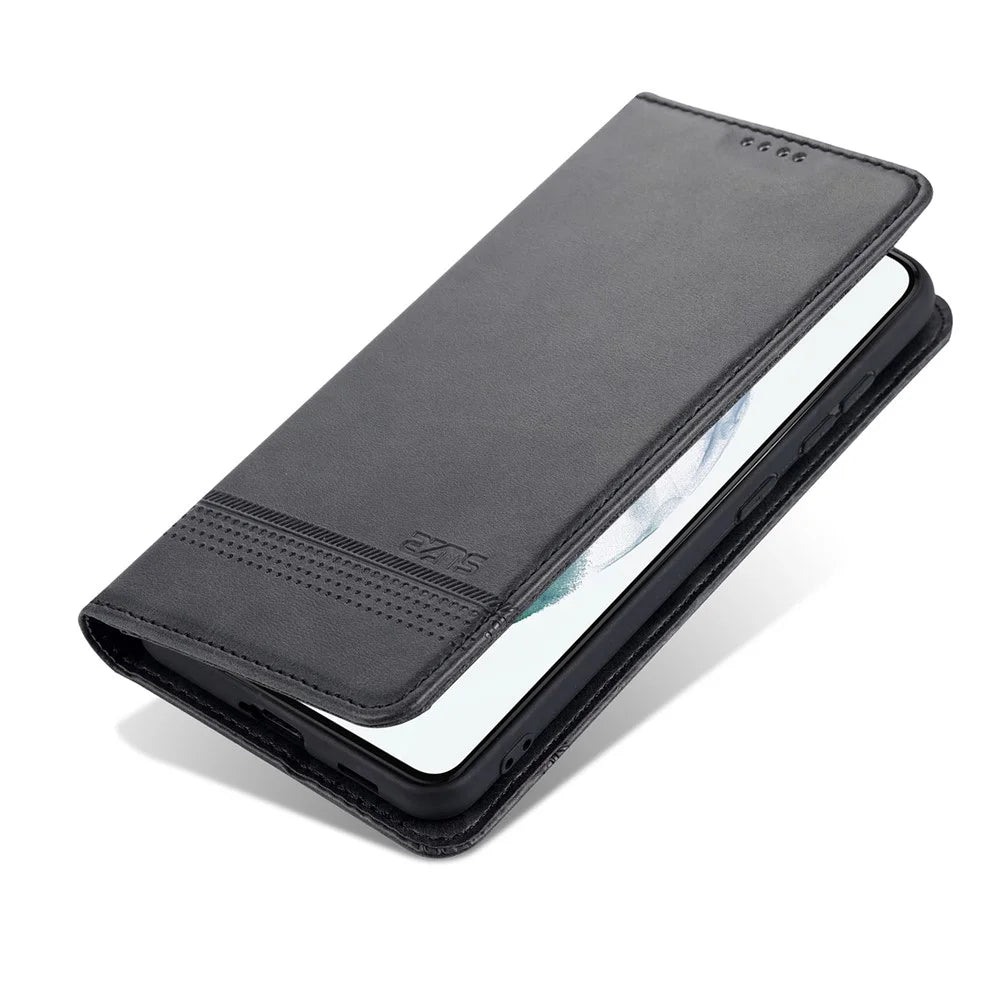 AZNS Auto-absorbed Magnetic Stand Wallet Case Leather Phone Shell for Samsung Galaxy S21 FE - Black - 4