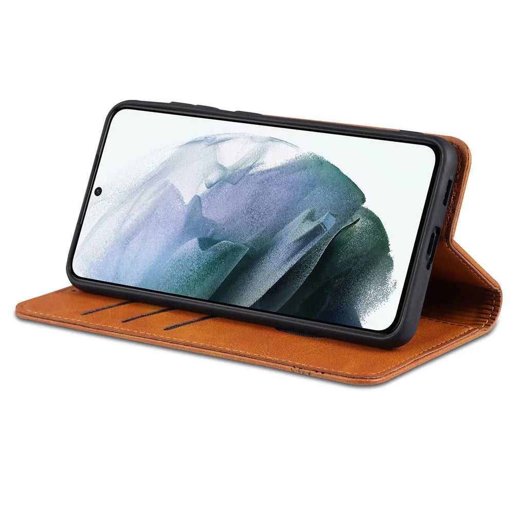 AZNS Auto-absorbed Magnetic Stand Wallet Case Leather Phone Shell for Samsung Galaxy S21 FE - Black - 6