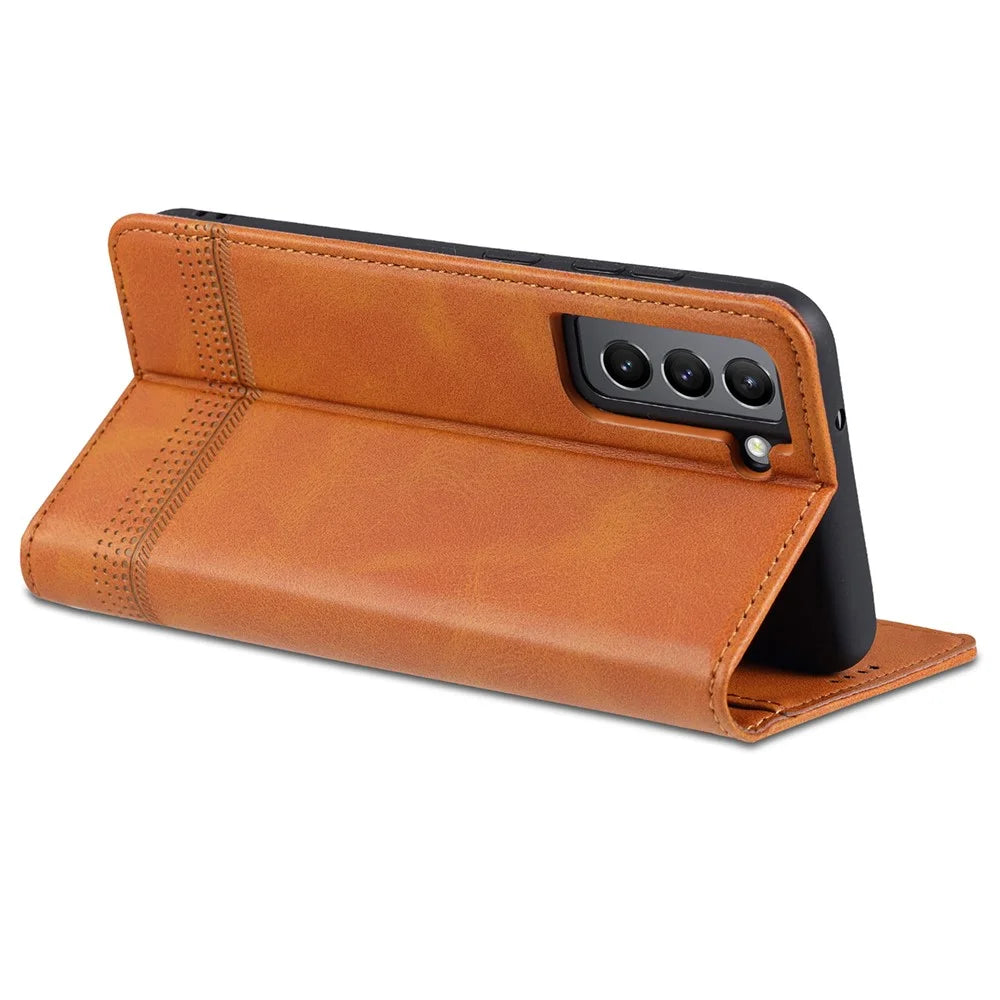 AZNS Auto-absorbed Magnetic Stand Wallet Case Leather Phone Shell for Samsung Galaxy S21 FE - Black - 7