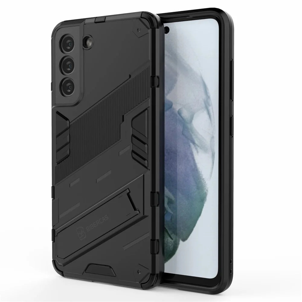 Anti-scratch PC + TPU Hybrid Phone Back Case Shockproof Cover with Kickstand for Samsung Galaxy S21 FE - Black - 1