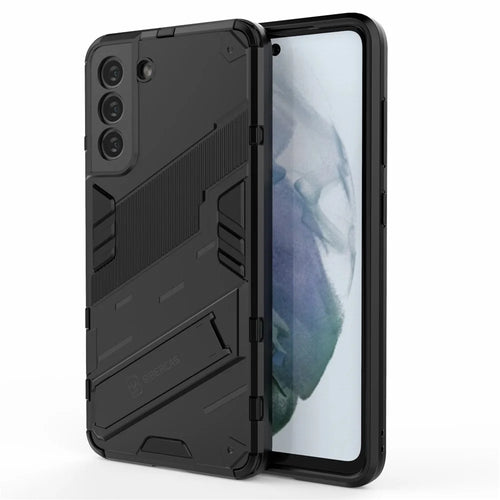 Anti-scratch PC + TPU Hybrid Phone Back Case Shockproof Cover with Kickstand for Samsung Galaxy S21 FE - Black - 1