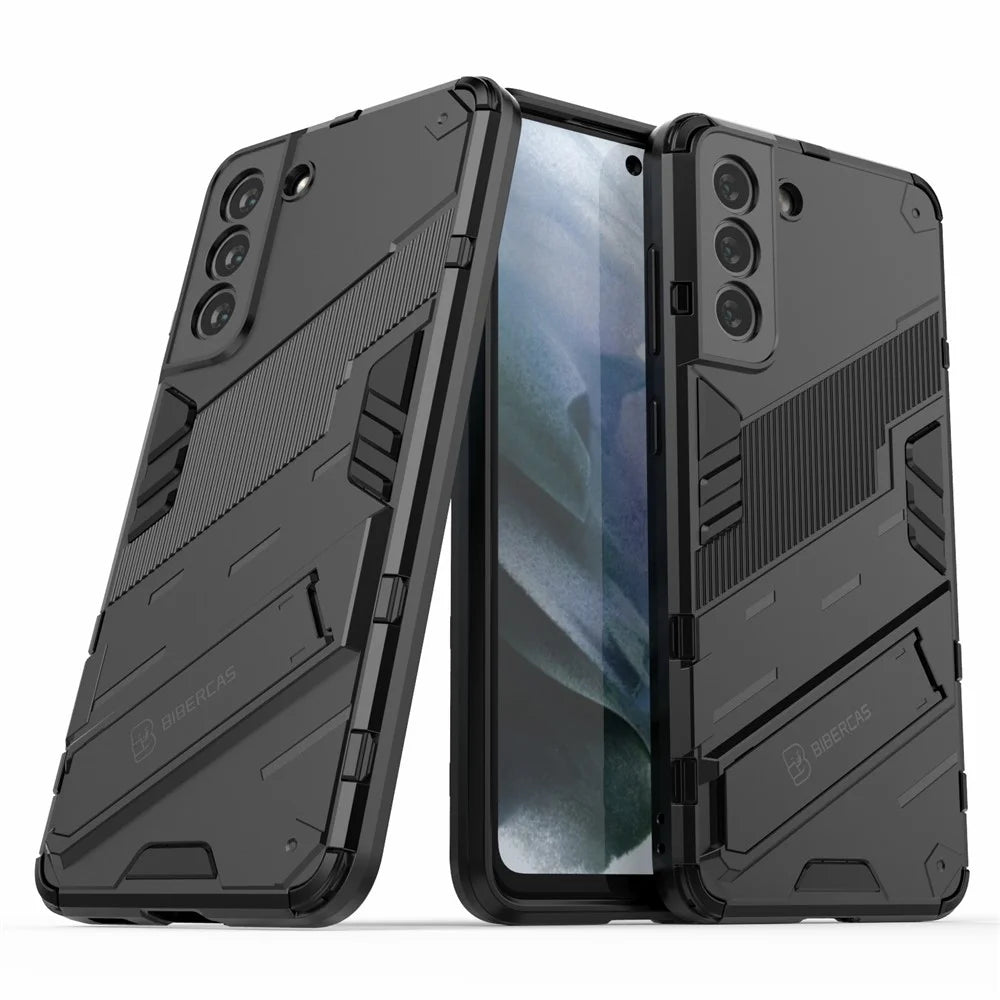 Anti-scratch PC + TPU Hybrid Phone Back Case Shockproof Cover with Kickstand for Samsung Galaxy S21 FE - Black - 2