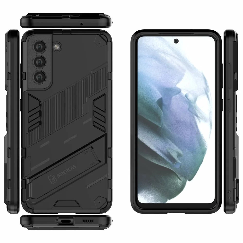 Anti-scratch PC + TPU Hybrid Phone Back Case Shockproof Cover with Kickstand for Samsung Galaxy S21 FE - Black - 3