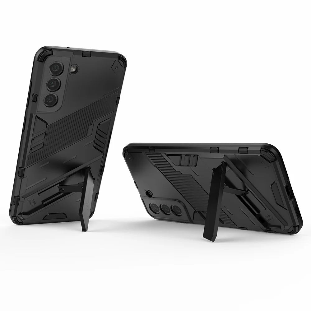 Anti-scratch PC + TPU Hybrid Phone Back Case Shockproof Cover with Kickstand for Samsung Galaxy S21 FE - Black - 4