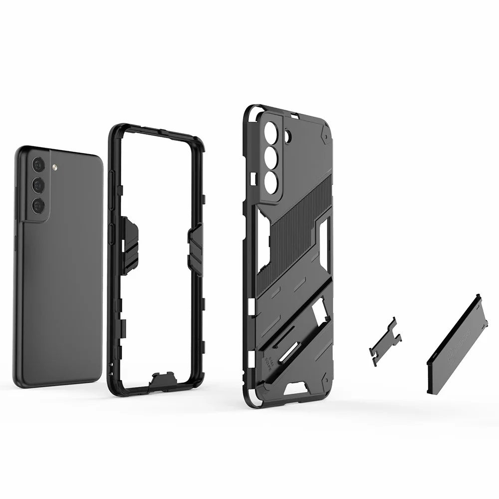 Anti-scratch PC + TPU Hybrid Phone Back Case Shockproof Cover with Kickstand for Samsung Galaxy S21 FE - Black - 5