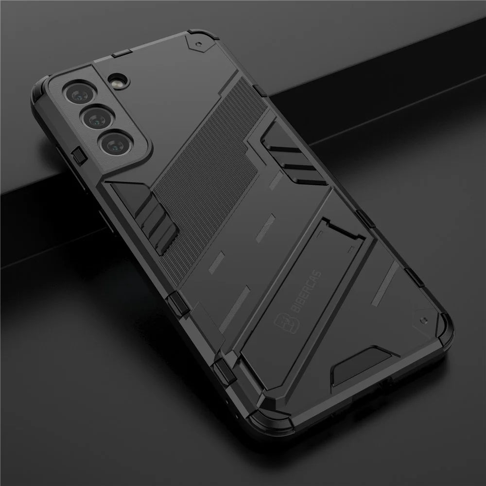 Anti-scratch PC + TPU Hybrid Phone Back Case Shockproof Cover with Kickstand for Samsung Galaxy S21 FE - Black - 6