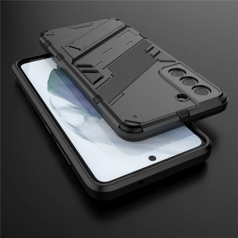 Anti-scratch PC + TPU Hybrid Phone Back Case Shockproof Cover with Kickstand for Samsung Galaxy S21 FE - Black - 7