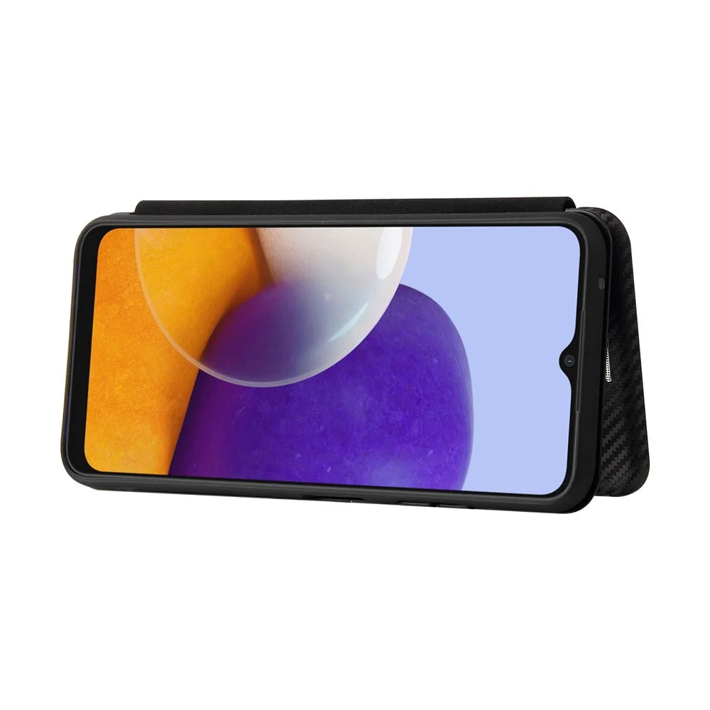 Anti-scratch Carbon Fiber Texture Auto-absorbed Leather Phone Case Stand for Samsung Galaxy A22 5G (EU Version) - Black - 3