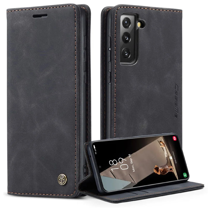 CASEME 013 Series For Samsung Galaxy S21 FE Wallet Stand Cover Automatic Suction Leather Case - Black - 1