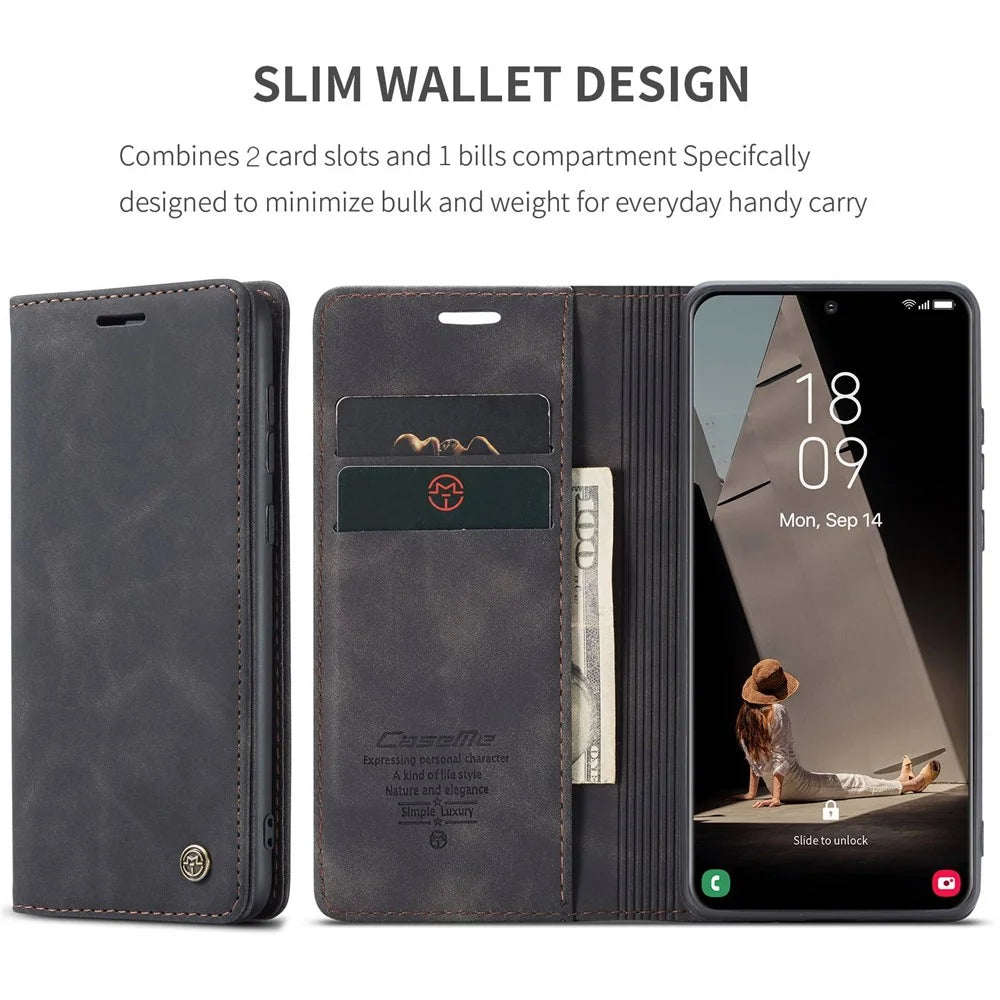 CASEME 013 Series For Samsung Galaxy S21 FE Wallet Stand Cover Automatic Suction Leather Case - Black - 4