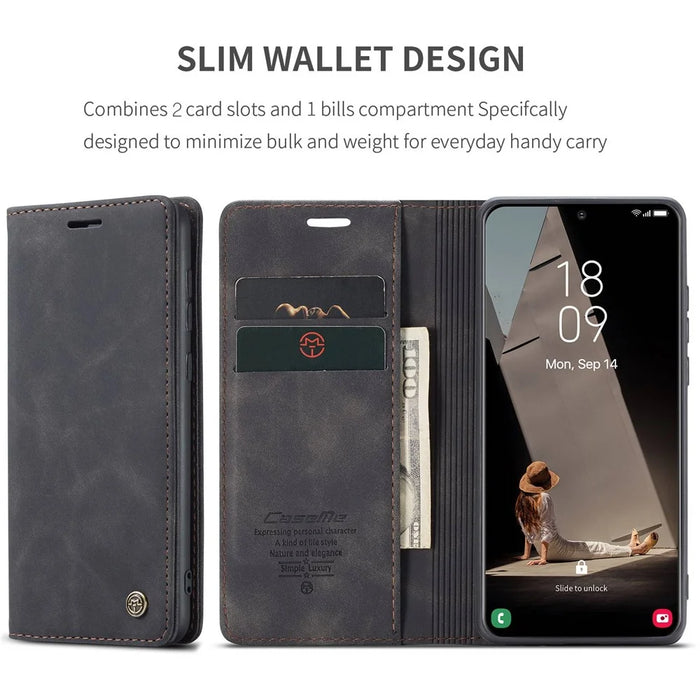 CASEME 013 Series For Samsung Galaxy S21 FE Wallet Stand Cover Automatic Suction Leather Case - Black - 4