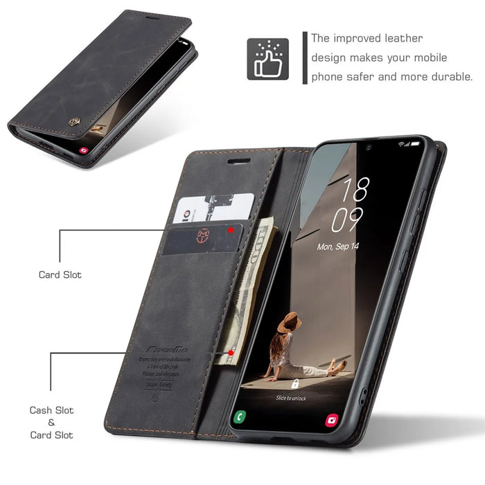 CASEME 013 Series For Samsung Galaxy S21 FE Wallet Stand Cover Automatic Suction Leather Case - Black - 5