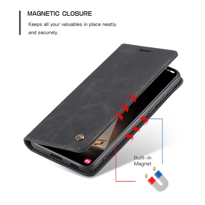 CASEME 013 Series For Samsung Galaxy S21 FE Wallet Stand Cover Automatic Suction Leather Case - Black - 6