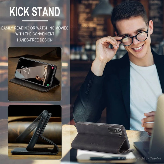 CASEME 013 Series For Samsung Galaxy S21 FE Wallet Stand Cover Automatic Suction Leather Case - Black - 7