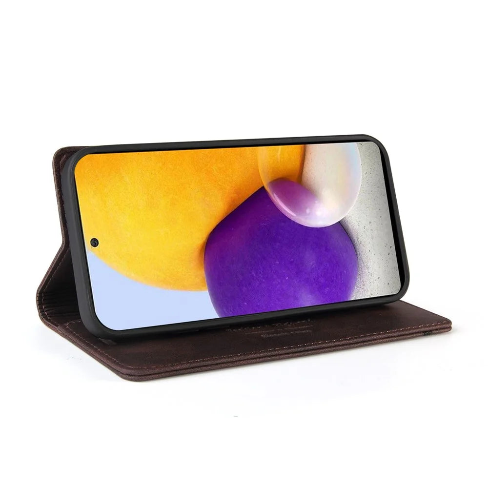 GQ.UTROBE Quality Leather Phone Auto-absorbed Shell Case with Anti-theft Swiping Design for Samsung Galaxy A72 4G/5G - Brown - 3