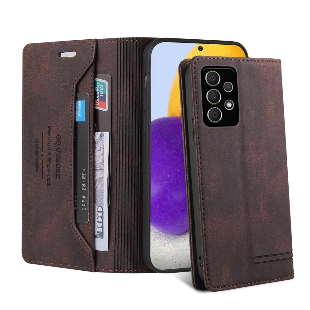 GQ.UTROBE Quality Leather Phone Auto-absorbed Shell Case with Anti-theft Swiping Design for Samsung Galaxy A72 4G/5G - Brown - 6