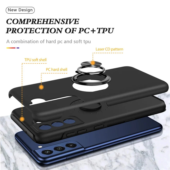 Invisible Ring Kickstand Design Hybrid Mobile Phone Case Cover for Samsung Galaxy S21 FE - Black - 4