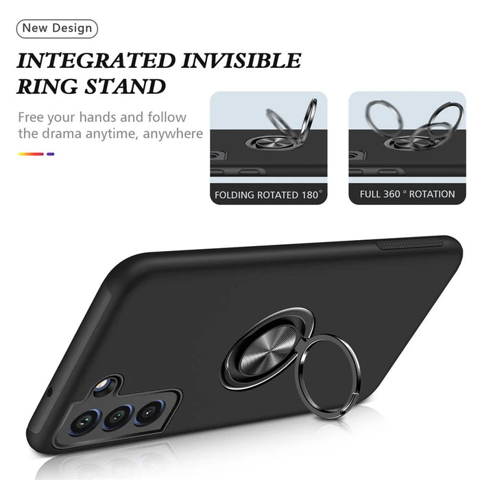 Invisible Ring Kickstand Design Hybrid Mobile Phone Case Cover for Samsung Galaxy S21 FE - Black - 6