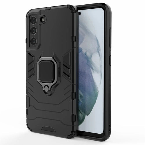 2-in-1 PC TPU Cool Guard Hybrid Cover Well-Protected Case with Ring Holder Kickstand for Samsung Galaxy S21 FE - Black - 1