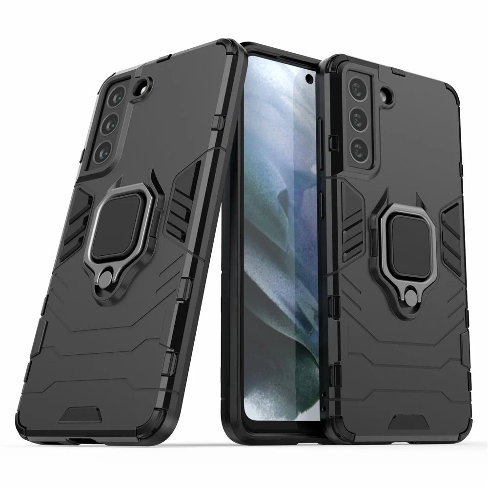 2-in-1 PC TPU Cool Guard Hybrid Cover Well-Protected Case with Ring Holder Kickstand for Samsung Galaxy S21 FE - Black - 2