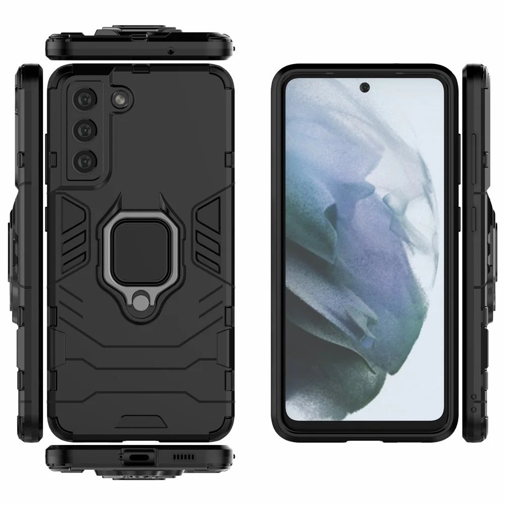 2-in-1 PC TPU Cool Guard Hybrid Cover Well-Protected Case with Ring Holder Kickstand for Samsung Galaxy S21 FE - Black - 3