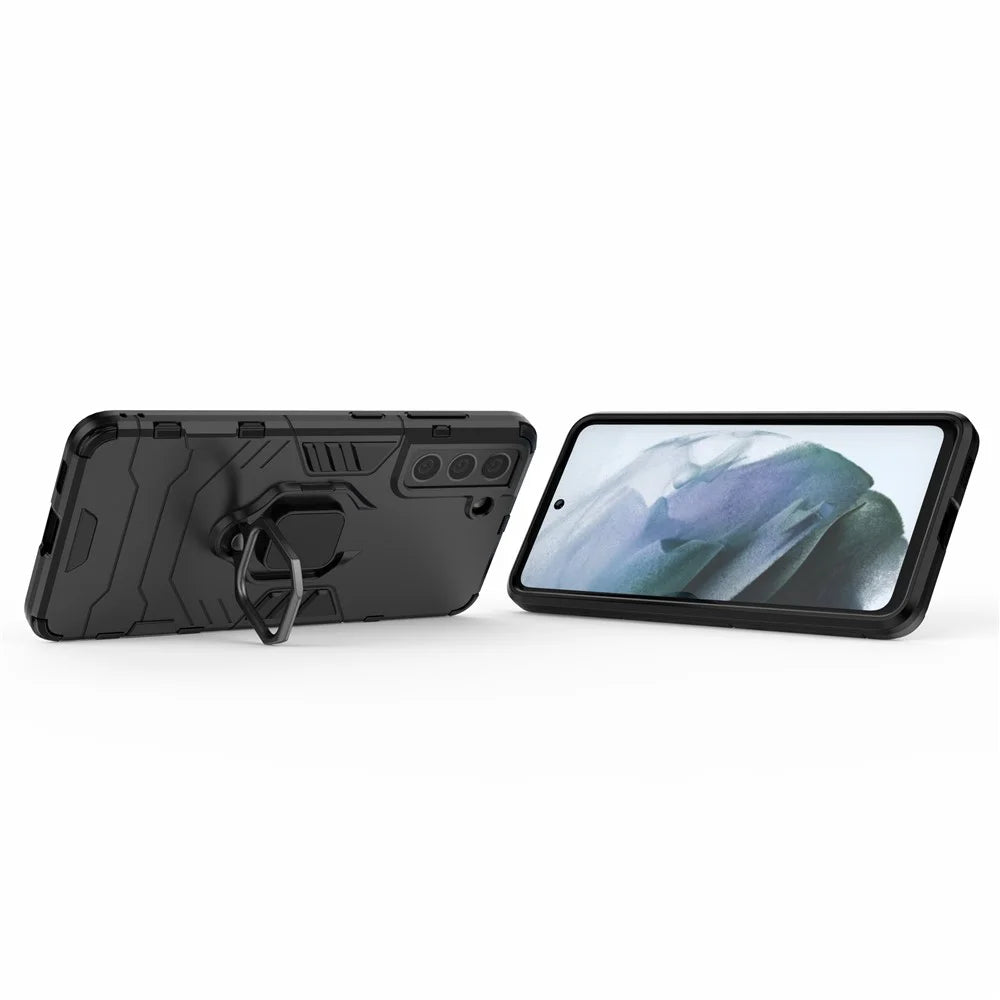 2-in-1 PC TPU Cool Guard Hybrid Cover Well-Protected Case with Ring Holder Kickstand for Samsung Galaxy S21 FE - Black - 4
