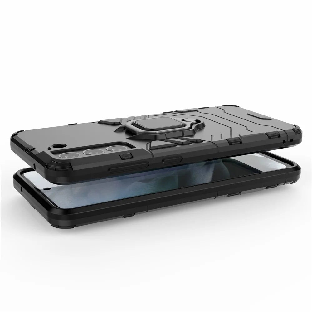 2-in-1 PC TPU Cool Guard Hybrid Cover Well-Protected Case with Ring Holder Kickstand for Samsung Galaxy S21 FE - Black - 5