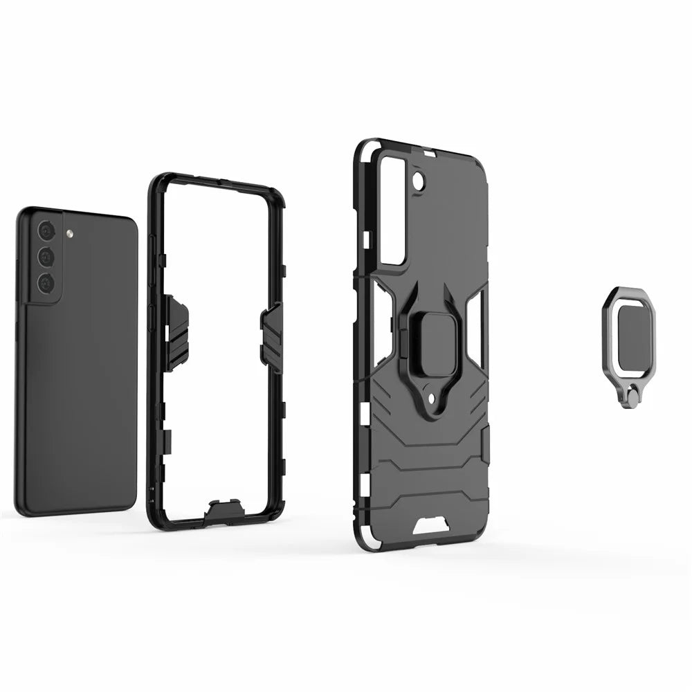 2-in-1 PC TPU Cool Guard Hybrid Cover Well-Protected Case with Ring Holder Kickstand for Samsung Galaxy S21 FE - Black - 7