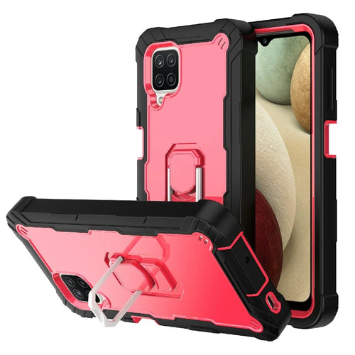 Dual Color Built-in Kickstand Design Shockproof Hybrid Phone Case for Samsung Galaxy A12 - Black/Rose Red - 1
