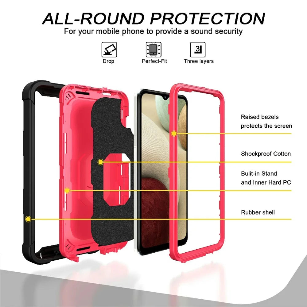 Dual Color Built-in Kickstand Design Shockproof Hybrid Phone Case for Samsung Galaxy A12 - Black/Rose Red - 2