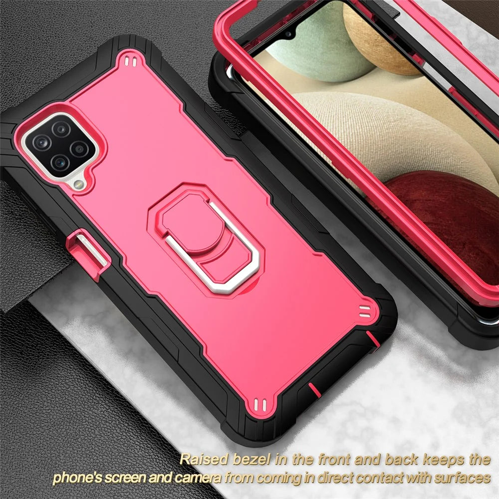 Dual Color Built-in Kickstand Design Shockproof Hybrid Phone Case for Samsung Galaxy A12 - Black/Rose Red - 5