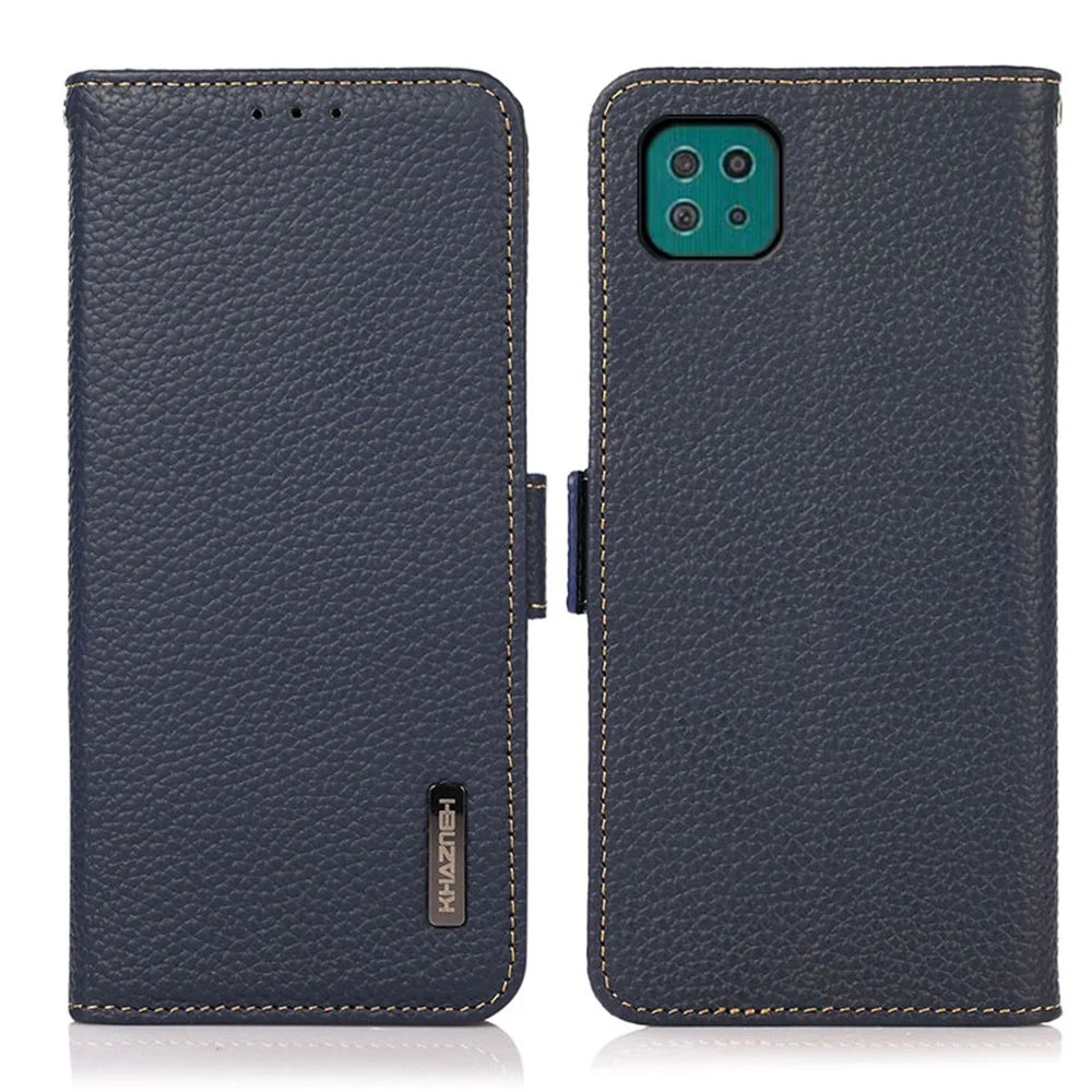 KHAZNEH RFID Blocking Design Litchi Texture Leather Protective Case Stand for Samsung Galaxy A22 5G (EU Version) - Blue - 1