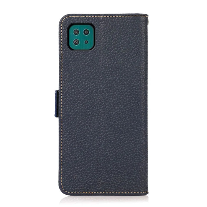 KHAZNEH RFID Blocking Design Litchi Texture Leather Protective Case Stand for Samsung Galaxy A22 5G (EU Version) - Blue - 4